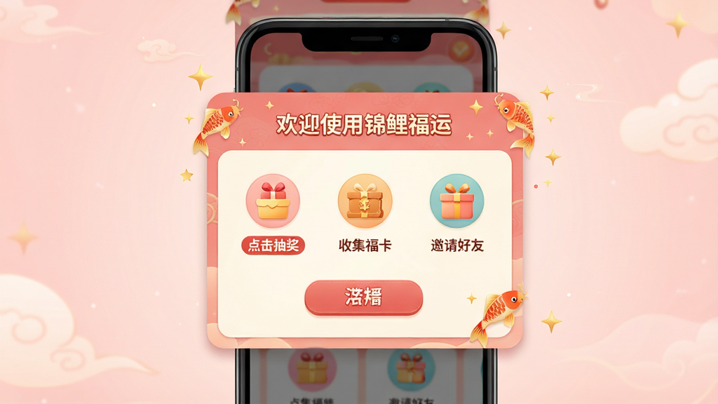 一张锦鲤福运软件新手引导页面展示图,画面为手机屏幕,屏幕内显示新手教程弹窗,弹窗标题为