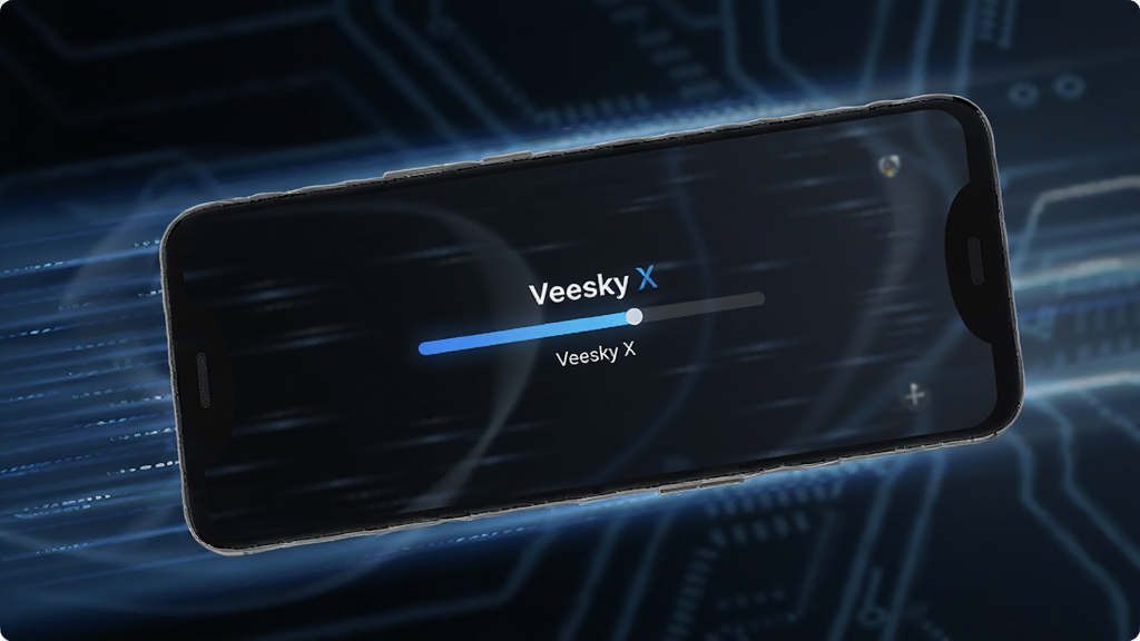一部安卓手机屏幕上显示 Veesky X 应用正在快速启动,屏幕中央有加载进度条和