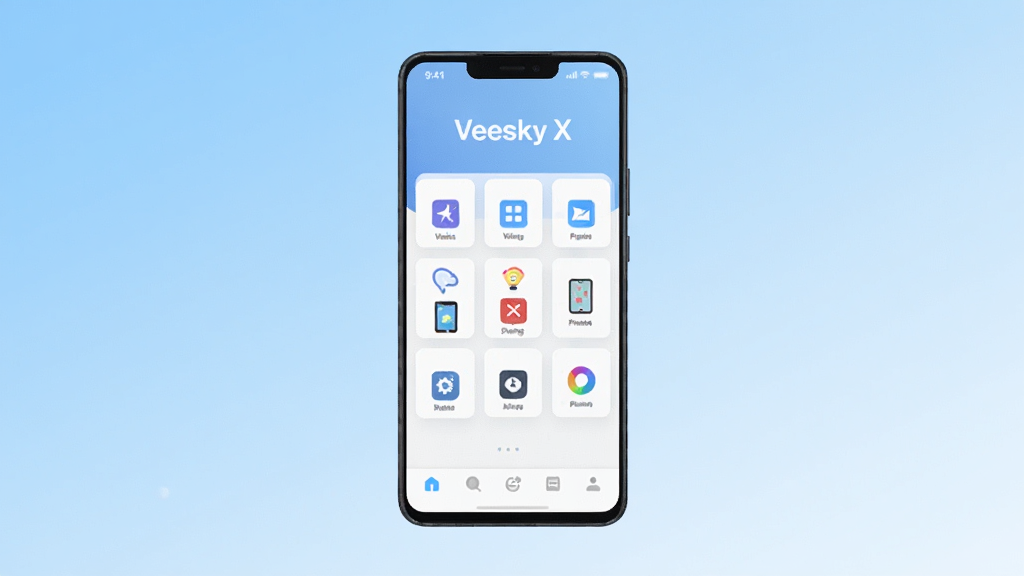 一张展示 Veesky X 手机应用主界面的预览图,画面中央是一部竖屏智能手机,手机屏幕显示简洁的软件首页布局,顶部有