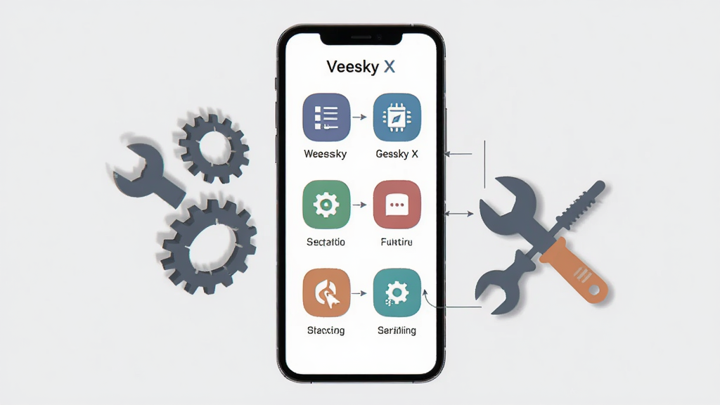 展示 Veesky X 软件功能模块的示意图,画面中央为手机屏幕,屏幕内显示多个功能图标整齐排列,每个图标下方有简短文字标注,手机旁边有齿轮和工具图形作为装饰,背景为浅灰色,风格简洁商务,画质清晰