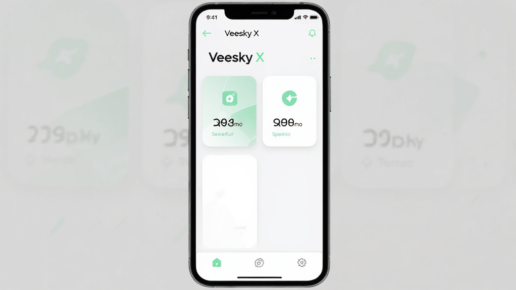 Veesky X 应用界面截图风格展示,画面为一部手机正视图,屏幕内显示简洁的功能布局,顶部标题栏写着