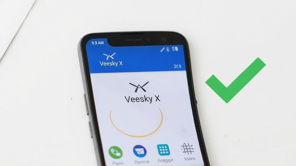 一部安卓手机显示 Veesky X 应用运行正常的界面,手机旁边有一个绿色对勾图标,背景为浅色,画面中有
