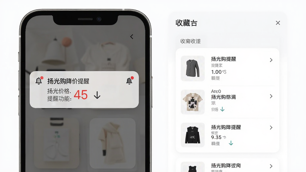 扬光购降价提醒功能展示,主体为手机通知弹窗与收藏夹列表,布局为上下分层,排版清晰,风格为简约素雅风格,细节包含铃铛图标、价格下降箭头、商品小图,画质高清,干净,无多余元素