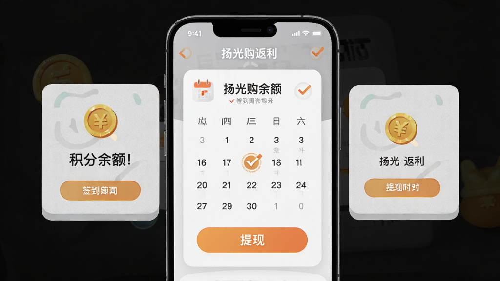 扬光购返利与签到页面展示,主体为手机屏幕显示积分余额与签到日历,布局为居中卡片式,排版活泼,风格为浅灰质感搭配暖色点缀,细节包含金币图标、日历打勾标记、提现按钮,画质高清,干净,无多余元素