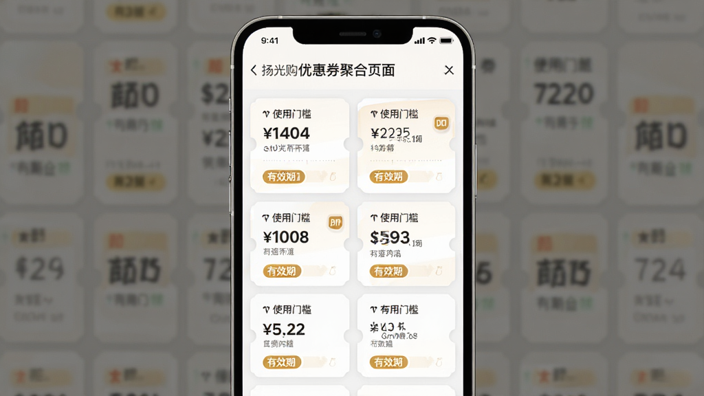 扬光购优惠券聚合页面展示,主体为手机界面中排列整齐的优惠券卡片,布局为网格状,排版紧凑,风格为柔和圆角卡片设计,细节包含券面金额、使用门槛、有效期标签,画质高清,干净,无多余元素