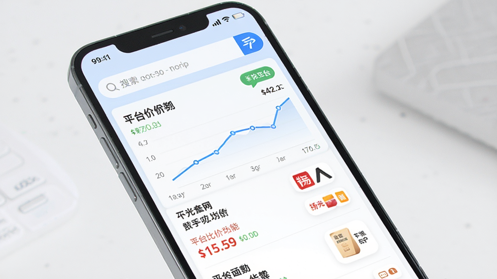 扬光购全网智能比价功能展示,主体为手机屏幕显示多平台价格对比图表,布局为上下结构,上方搜索框下方列表,排版整齐,风格为清新浅色商务风,细节包含价格数字、趋势折线、平台图标,画质高清,干净,无多余元素