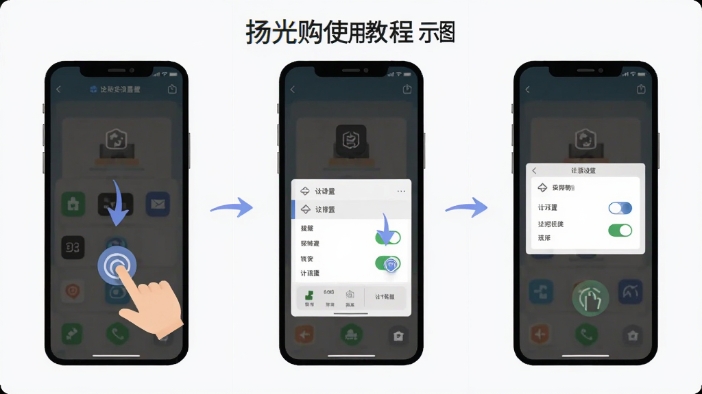 扬光购使用教程示意图,主体为手机屏幕分步操作截图,布局为三格横向排列,排版从左到右递进,风格为扁平化教程风格,细节包含手指点击图标、箭头引导、设置开关,画质高清,干净,无多余元素