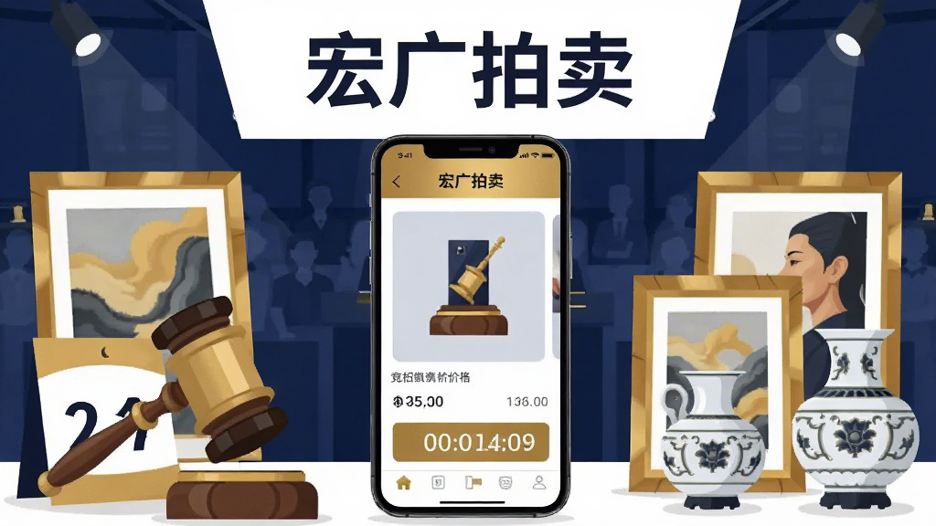 整体画面以拍卖会场为背景,中央放置一部智能手机,手机屏幕上显示