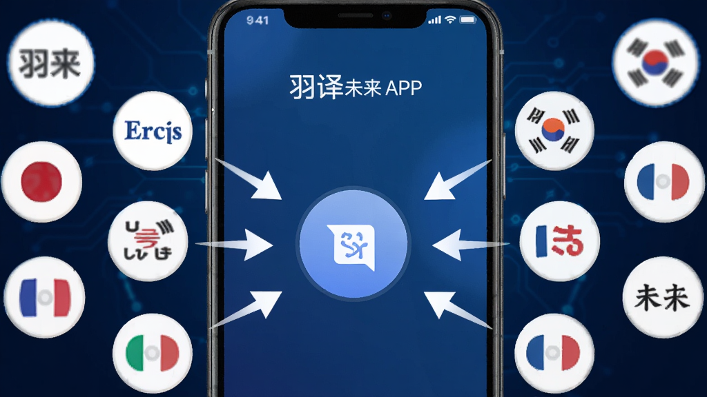 ����δ�������Է��빦��չʾ����������һ���ֻ���ʾ����δ��APP���棬��Ļ���ж�������ͼ�껷�����У����ġ�Ӣ�ġ����ġ����ġ����ĵ����Ա�ǩ��Բ��ͼ����֣���ͷָ������ķ��밴ť������Ϊ����ɫ�Ƽ��н��䣬����ִ���Լ�����ʸ���ɾ����޶���Ԫ��