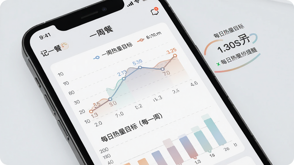一部手机屏幕显示“记一餐”App的热量趋势分析页面,页面中有折线图和柱状图展示一周热量变化,图表颜色柔和,背景为浅灰色,旁边有每日热量目标数值和提醒文字,风格现代简洁,细节包括图表坐标轴、数据点、图例,画质清晰,干净,无多余元素
