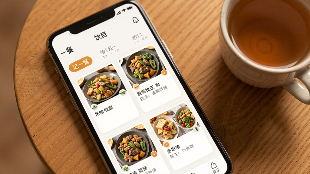 手机屏幕上显示“记一餐”App的饮食日记页面,按日期排列的卡片,每张卡片上有食物图片和文字备注,背景是木质桌面,旁边有一杯茶,风格温暖治愈,细节包括日期标签、食物缩略图、备注文字,画质清晰,干净,无多余元素