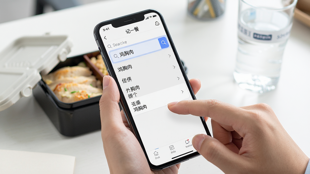 一只手持手机正在使用“记一餐”App记录午餐,手机屏幕上显示食物搜索框和联想列表,背景是办公室桌面,有便当盒和水杯,风格写实明亮,细节包括手指点击屏幕的动作、搜索框内的文字“鸡胸肉”、联想下拉列表,画质清晰,干净,无多余元素