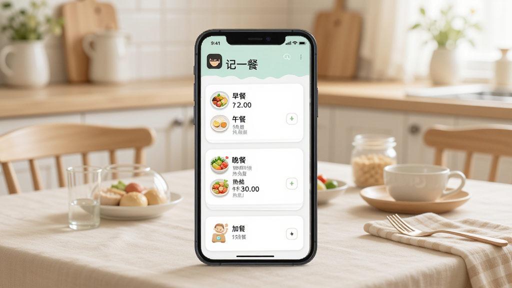 一张展示手机屏幕的图片,屏幕上显示着“记一餐”App的界面,界面中有早餐、午餐、晚餐和加餐的记录卡片,每张卡片上有食物名称和热量数值,背景是温馨的厨房餐桌场景,光线柔和明亮,风格清新简约,细节包括手机边框、App图标和食物小图标,画质清晰,干净,无多余元素