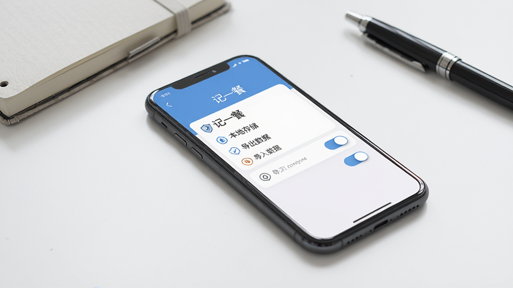 一部手机放在桌面上,屏幕显示“记一餐”App的数据安全设置页面,页面中有本地存储、导出数据、导入数据等选项,背景是简洁的办公桌,有笔记本和笔,风格商务简约,细节包括盾牌图标、开关按钮、文字说明,画质清晰,干净,无多余元素