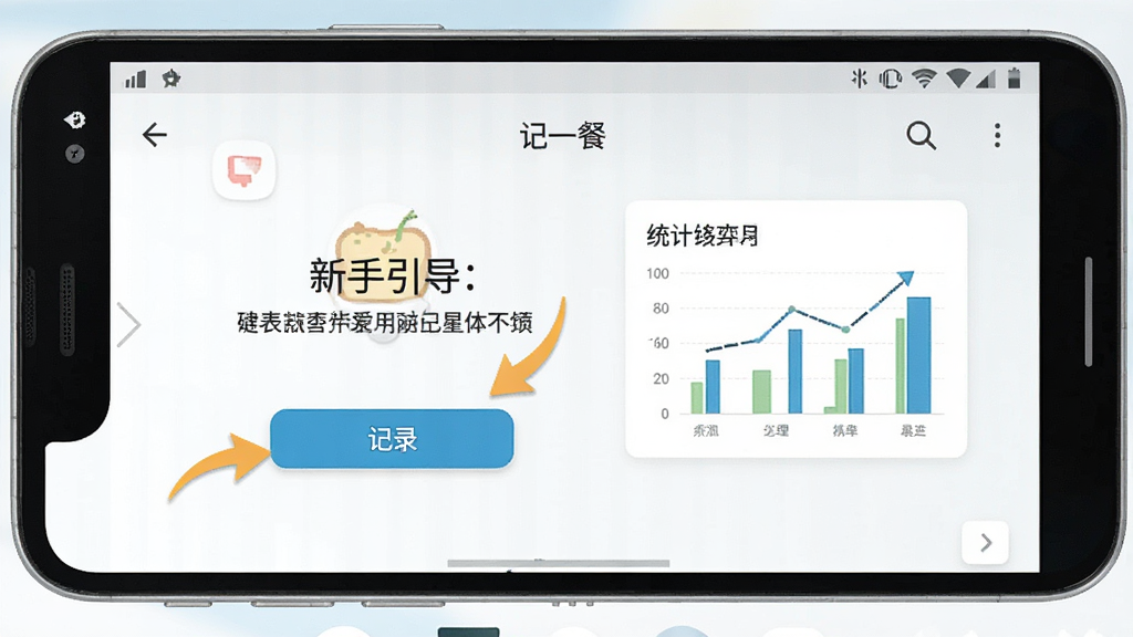 一张展示“记一餐”App在安卓手机上运行的截图,屏幕显示新手引导页面,有箭头指向记录按钮和统计图表,背景是手机桌面,风格简洁明快,细节包括引导文字、按钮高亮、手机状态栏,画质清晰,干净,无多余元素