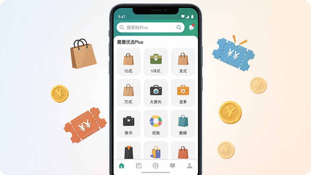 一张展示鹿优选Plus软件主界面的手机样机图,画面中央是一部竖屏安卓手机,屏幕内显示购物比价应用首页,顶部有搜索栏,中部为商品分类图标网格,底部为导航栏,手机周围环绕购物袋、优惠券、金币等小图标,整体布局干净整洁,风格为现代扁平化UI设计,细节清晰,画质高清,背景为浅色渐变,无多余元素