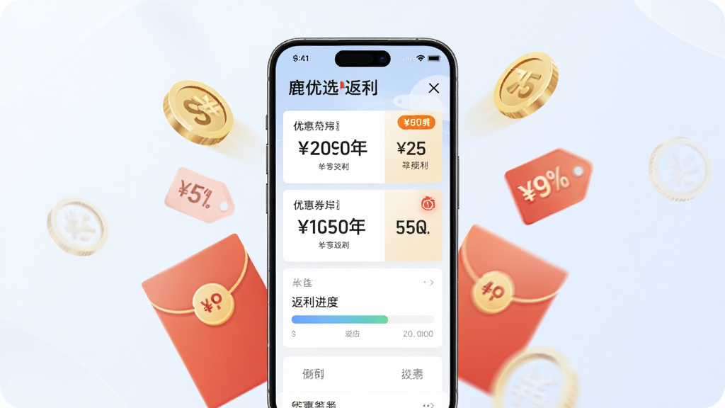 一张展示鹿优选Plus返利与优惠券功能的宣传图,画面中心为手机屏幕,屏幕内显示优惠券列表和返利进度条,周围环绕金币、红包、折扣标签等元素,布局为居中构图,风格为清新浅色系,细节包括券面金额数字和倒计时标识,画质高清,背景为柔和渐变,无多余元素