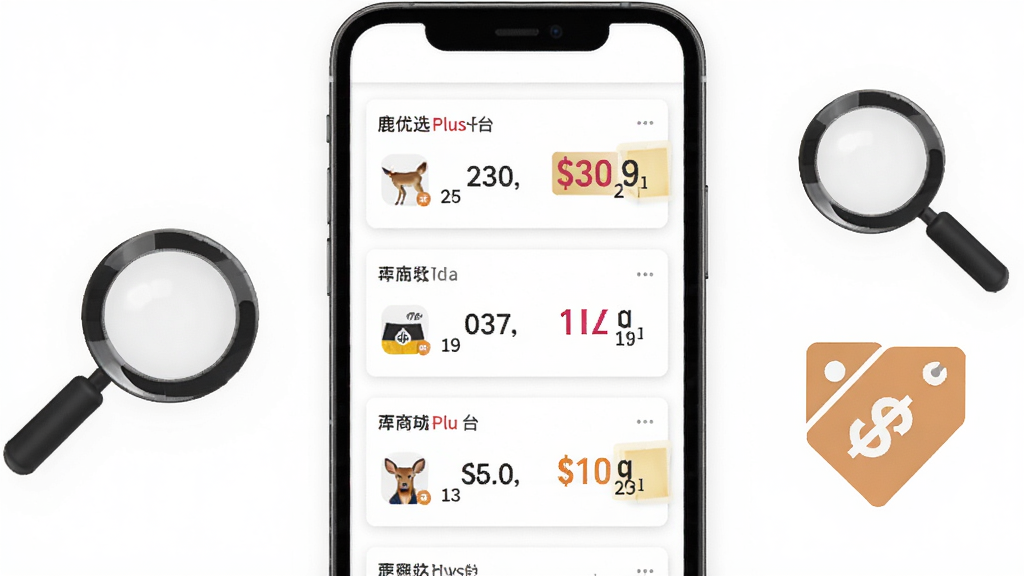 一张鹿优选Plus比价功能的界面示意图,画面主体为手机屏幕,屏幕内显示同一商品在三个不同平台的横向价格对比卡片,价格数字用不同颜色标注,较低价格带有高亮标记,手机旁边放置放大镜和价格标签图标,布局为左右分栏排版,风格为简约商务风,细节包括价格小数点、平台小图标,画质高清,背景干净,无多余元素