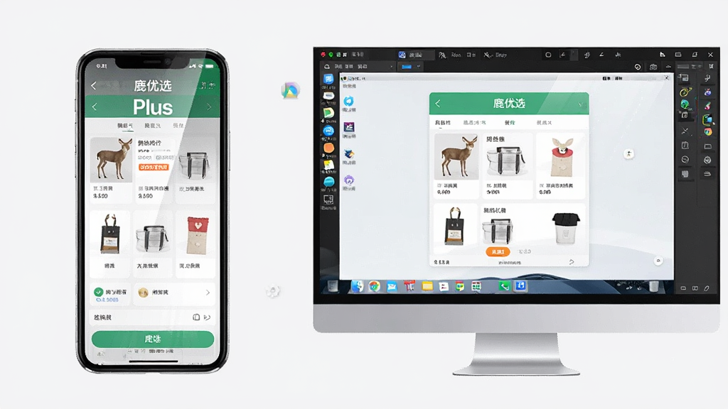 一张展示鹿优选Plus在手机与电脑模拟器上同时运行的对比示意图,画面左侧为竖屏手机显示购物比价界面,右侧为电脑屏幕显示模拟器窗口中的相同应用,布局为左右对称,风格为科技感简约风,细节包括屏幕反光和桌面图标,画质高清,背景为纯色,无多余元素