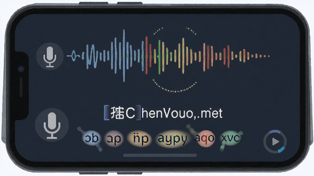 爱翻译AI语音翻译功能界面,主体为手机屏幕显示声波动态与识别文字,布局采用上下结构,风格为扁平化插画,细节强调麦克风图标与多语言字符,画质干净清晰,无多余元素