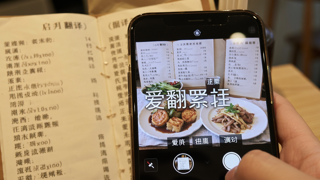 爱翻译AI拍照翻译场景图,主体为手机摄像头对准外文菜单,屏幕上叠加翻译后的中文文字,布局为第一人称视角,风格写实,细节包括清晰的菜品文字与柔和光线,画质高清干净,无多余元素