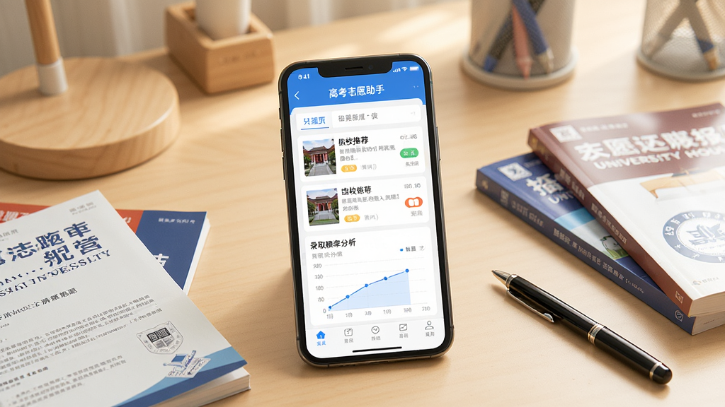一张展示高考志愿填报场景的图片,画面中央是一部智能手机,手机屏幕上显示着高考志愿圆梦助手的应用界面,界面中有院校推荐列表和录取概率分析图表,手机周围散落着几本大学招生简章和一支笔,背景是温馨的书桌环境,整体风格清新明亮,细节丰富,画质清晰,干净,无多余元素