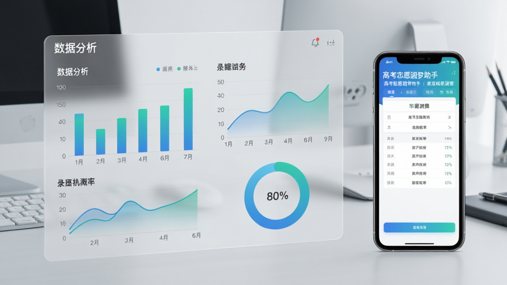 一张展示数据分析界面的图片,画面主体是一块半透明的数据面板,面板上有柱状图、折线图和百分比圆环图,图表颜色以蓝绿渐变为主,面板旁边有一部手机显示着高考志愿圆梦助手的录取概率测算结果页面,背景是简洁的办公桌面,整体风格商务专业,细节清晰,画质干净,无多余元素
