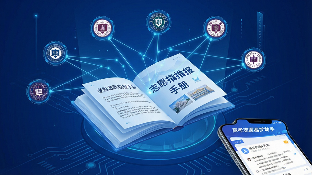 一张以蓝色科技风为主视觉的图片,画面中央悬浮着一本打开的虚拟志愿填报手册,手册上方有发光的线条连接着多所大学的校徽图标,形成一张智能推荐网络,画面右下角有一个手机屏幕显示着高考志愿圆梦助手的推荐结果页面,整体布局层次分明,风格现代科技感,细节精致,画质清晰,干净,无多余元素