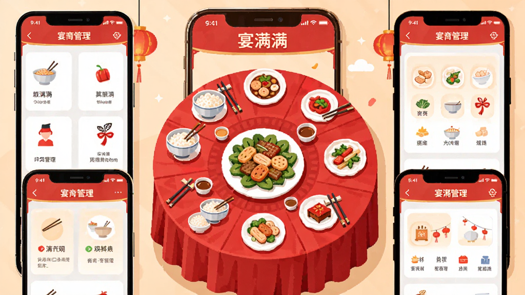 一款名为宴满满手机应用展示界面,画面中央是宴席圆桌与菜品摆放,周围环绕手机屏幕显示宴席管理功能模块,整体布局清晰,采用扁平化插画风格,细节包含红色桌布、碗筷、菜品图标,画质高清,干净,无多余元素