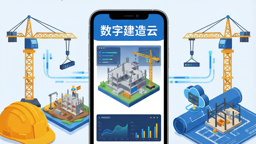主体为一部智能手机屏幕中展示建筑工地三维模型与数据图表的界面,布局采用居中构图,手机两侧环绕塔吊、安全帽、施工图纸等元素,排版上软件名称“数字建造云”置于画面顶部显眼位置,风格为现代科技感扁平插画,细节包括蓝色数据流线条、施工现场实景微缩模型、云端服务器图标,画质高清,画面干净,无多余元素