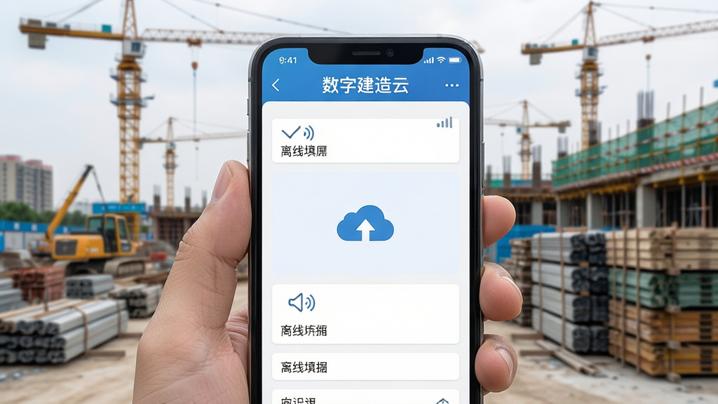 主体为一只手拿着手机在工地现场操作,手机屏幕显示离线填报界面与云端同步图标,布局采用特写镜头,手机占据画面中心,背景为塔吊与材料堆场,排版上软件名称“数字建造云”显示在手机屏幕顶部,风格为写实科技风,细节包括手机屏幕上的表单字段、同步箭头、网络信号图标,画质清晰,画面干净,无多余元素