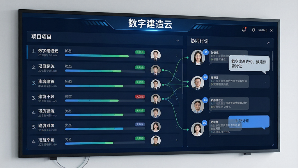 主体为一块大型电子看板显示多个建筑项目的进度条与人员头像,布局采用左右分栏,左侧为项目列表,右侧为协同讨论区,排版上软件名称“数字建造云”出现在看板顶部中央,风格为商务科技写实风,细节包括连接线、状态标签、实时消息气泡,画质清晰,画面干净,无多余元素
