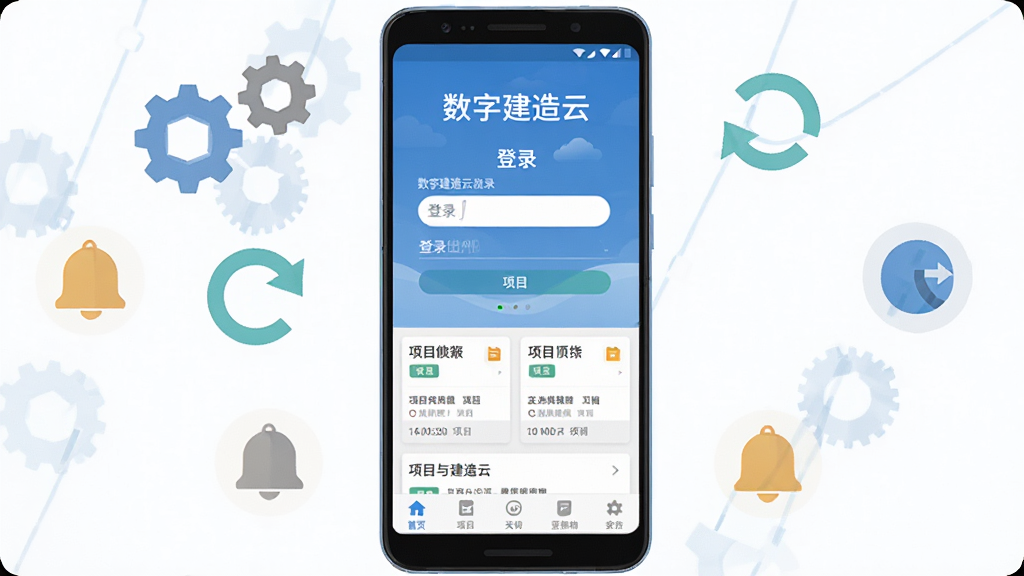主体为一部安卓手机显示数字建造云登录界面与项目列表,布局采用正面平视角度,手机居中,周围环绕设置齿轮、同步箭头、消息铃铛等图标,排版上软件名称“数字建造云”出现在手机屏幕上方,风格为扁平化UI展示风,细节包括登录输入框、项目卡片、底部导航栏,画质清晰,画面干净,无多余元素