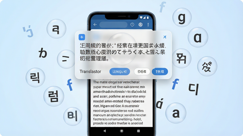 一张展示泡泡屏幕翻译器核心功能的场景图,画面中央是一部竖屏安卓手机,手机屏幕上显示一段英文新闻内容,屏幕上方悬浮着一个半透明的翻译结果窗口,窗口内显示对应的中文译文,手机周围散落着英语、日语、韩语、法语等语言的字母符号,背景是简洁的浅蓝色渐变,整体风格清爽现代,细节包括悬浮窗的圆角设计、翻译按钮图标、语言切换标识,画质高清,画面干净,无多余元素