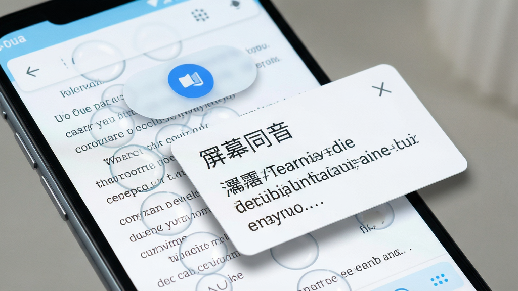 一张展示泡泡屏幕翻译器悬浮窗翻译功能的特写图,画面主体为一部安卓手机屏幕,屏幕上显示着一个半透明的悬浮翻译按钮和一个展开的翻译结果卡片,卡片内是中英文对照文本,手机背景是一个英文阅读类APP界面,整体风格简洁明快,色调以白色和浅蓝色为主,细节包括悬浮按钮的圆形图标、翻译卡片的阴影效果、文字排版清晰,画质高清,画面干净,无多余元素
