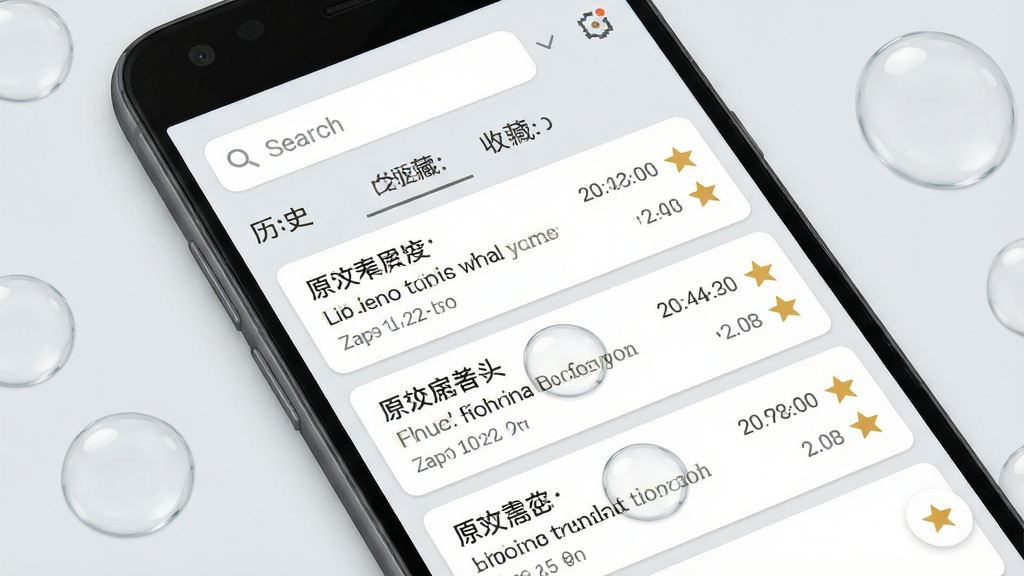 一张展示泡泡屏幕翻译器历史记录与收藏夹界面的效果图,画面主体为一部安卓手机,屏幕上显示着翻译历史列表和收藏夹标签页,列表项包含原文、译文、时间戳和语种标识,界面风格清新,采用浅灰色背景与白色卡片,细节包括搜索框、分类标签、星标收藏图标,画质高清,画面干净,无多余元素