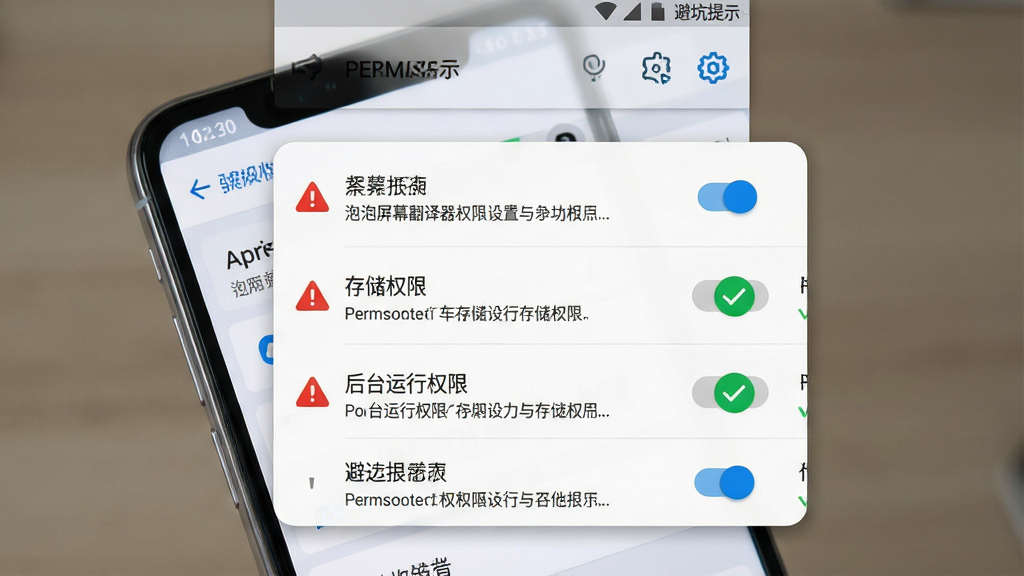 一张展示泡泡屏幕翻译器权限设置与避坑提示的示意图,画面主体是一部安卓手机,屏幕上显示着应用权限管理界面,悬浮窗权限、存储权限、后台运行权限等选项以列表形式呈现,部分权限旁边有红色警示标识和绿色对勾标识,界面风格清晰直观,色调以白色和浅灰色为主,细节包括权限开关按钮、提示文字、设置图标,画质高清,画面干净,无多余元素
