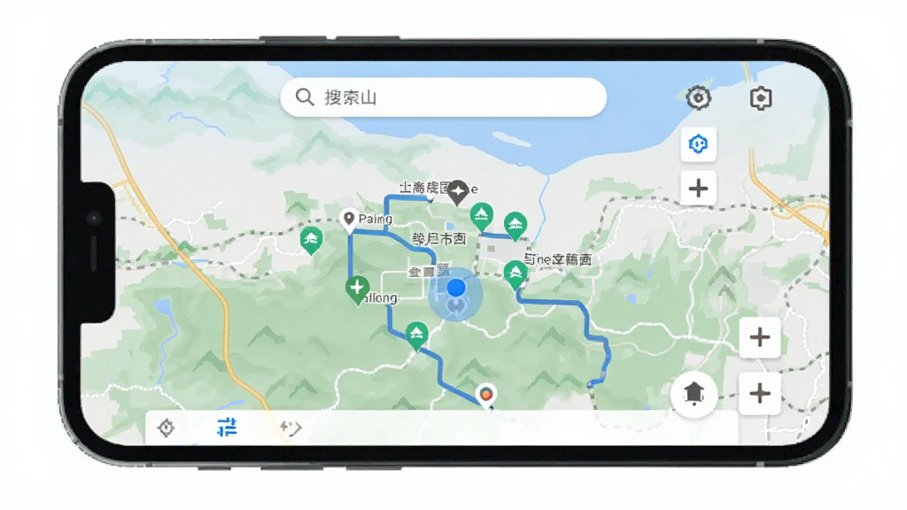 主体为手机屏幕显示终南山电子地图,布局为地图占据屏幕主体,排版上方为搜索栏下方为功能按钮,风格为扁平化设计,细节包括景点图标、路线轨迹、定位蓝点,画质清晰,干净,无多余元素