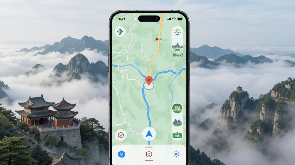 主体为一部智能手机,屏幕显示终南山景区地图界面,布局为手机居中,背景为终南山云雾缭绕的山峰与古建筑,排版简洁,风格为现代科技与自然风光结合,细节包括地图标记、导航箭头、景区图标,画质高清,干净,无多余元素