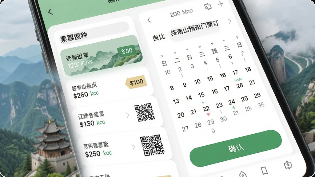 主体为手机界面展示终南山门票预订页面,布局为票种列表与日历选择,排版左图右文,风格为清新简约,细节包括价格标签、二维码图标、确认按钮,画质高清,干净,无多余元素