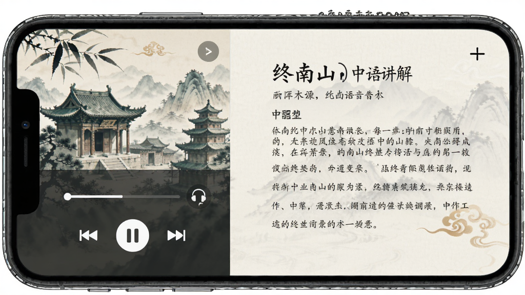 主体为手机播放界面展示终南山语音讲解,布局为播放控制区与文字介绍,排版上下结构,风格为古风雅致,细节包括耳机图标、进度条、景点名称,画质高清,干净,无多余元素