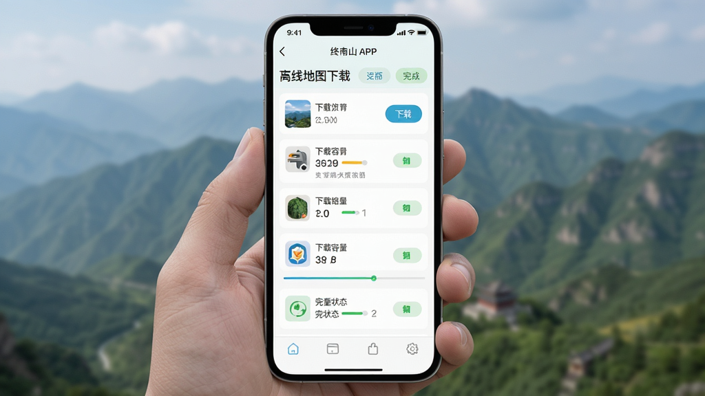 主体为手机屏幕显示终南山APP离线地图下载界面,布局为下载列表与进度条,排版纵向排列,风格为清爽浅色,细节包括下载按钮、容量标注、完成状态,画质清晰,干净,无多余元素