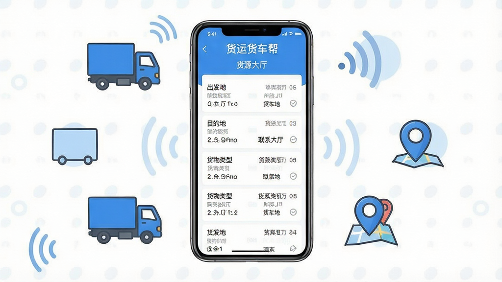 一张展示货运货车帮软件主界面的手机样机图,画面中央是一部竖屏智能手机,屏幕内显示蓝白配色的货运信息列表,包含出发地、目的地、货物类型与联系方式等字段,手机周围环绕简笔风格的货车、地图定位图标与信号波纹,布局采用居中对称排版,风格为扁平化科技商务风,细节上突出界面文字“货运货车帮”与“货源大厅”,画质清晰,干净,无多余元素