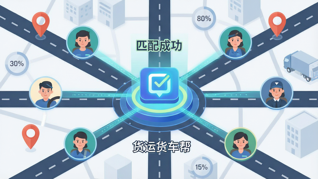 一张展示货运货车帮智能匹配功能的生图,画面中央是一个发光的智能推荐引擎图标,周围有多个代表货主与司机的圆形头像通过光线连接,光线汇聚处显示“匹配成功”字样,背景为简洁的城市道路网格与定位图钉,布局采用中心辐射式排版,风格为扁平化科技插画风,细节上突出“货运货车帮”文字与匹配百分比数字,画质清晰,干净,无多余元素