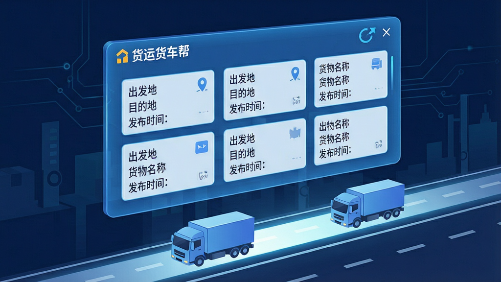 一张表现货运货车帮货源大厅功能的AI生图,画面主体为一块悬浮在空中的半透明蓝色数据面板,面板上整齐排列着多条货源信息卡片,每条卡片包含“出发地”“目的地”“货物名称”“发布时间”等文字标签,面板下方有简笔风格的货车沿着光带行驶,布局采用上下结构,上方为数据面板下方为道路场景,风格为现代科技感与物流行业结合的插画风,细节上突出“货运货车帮”字样与实时刷新图标,画质清晰,干净,无多余元素