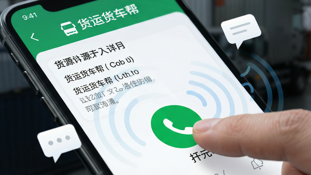 一张表现货运货车帮一键沟通功能的AI生图,画面主体是一部手机屏幕特写,屏幕上显示货源详情页与一个醒目的绿色拨号按钮,手指正点击按钮,屏幕周围有电话信号波纹与对话气泡图标,布局采用局部放大特写排版,风格为写实UI展示风,细节上突出“货运货车帮”界面元素与拨号图标,画质清晰,干净,无多余元素