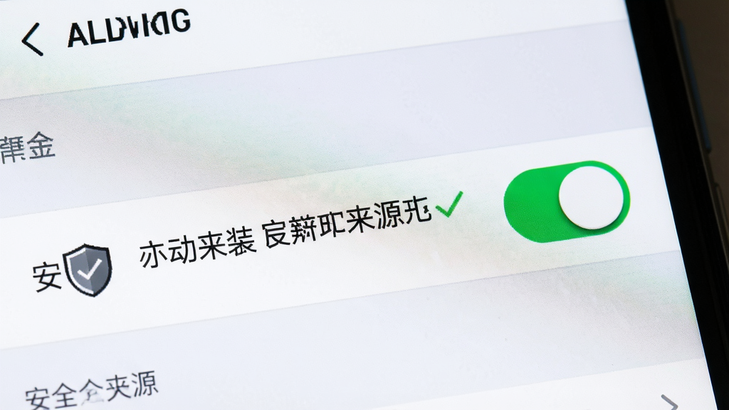 一张展示手机安全设置中允许安装未知来源应用界面的生图,画面为手机屏幕特写,屏幕内显示安全设置菜单与一个已开启的开关按钮,旁边有盾牌图标与对勾标记,布局采用局部放大排版,风格为写实系统界面风,细节上突出设置选项文字与开关状态,画质清晰,干净,无多余元素