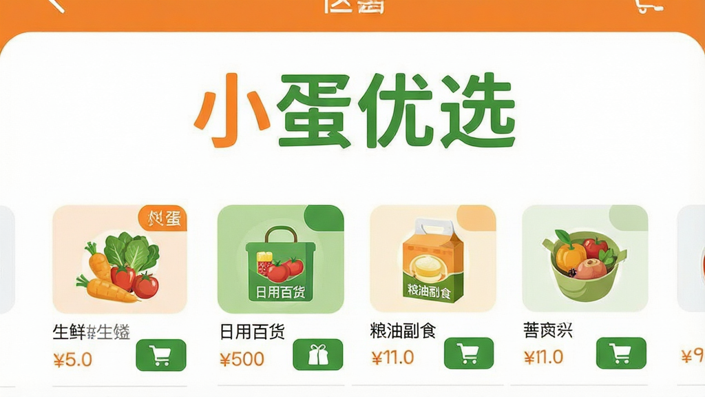 一张手机屏幕展示社区团购软件界面的图片,画面中央是“小蛋优选”四个大字标题,下方排列生鲜果蔬、日用百货、粮油副食等商品分类图标,整体采用橙绿清新配色,布局简洁干净,风格扁平化UI设计,细节包括商品缩略图、价格标签和购物车按钮,画质清晰,无多余元素