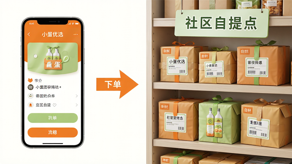 一张展示社区团购流程的示意图,画面左侧是“小蛋优选”手机下单界面,右侧是社区自提点货架上摆放整齐的商品包裹,中间用箭头连接表示从下单到自提的流程,整体风格简洁明快,配色以橙色和浅绿色为主,细节包括包裹标签、自提点标识,画质干净清晰,无多余元素