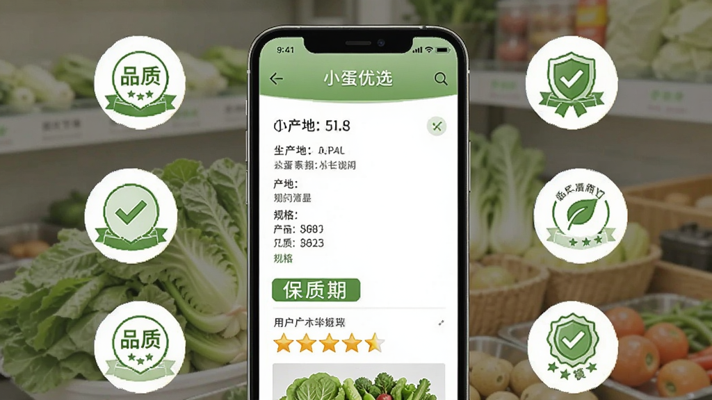 一张展示“小蛋优选”商品详情页的图片,画面中央是手机屏幕,屏幕上显示生鲜蔬菜的商品详情,包括产地信息、规格说明、保质期标签和用户评价星级,屏幕周围有品质认证图标环绕,整体风格干净专业,配色以白色和浅绿色为主,画质清晰,无多余元素